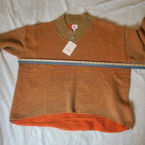 NWT Oversized Orange & Camel Knit Pullover Sweater With Collared Neckline Small - Picture 6 of 9